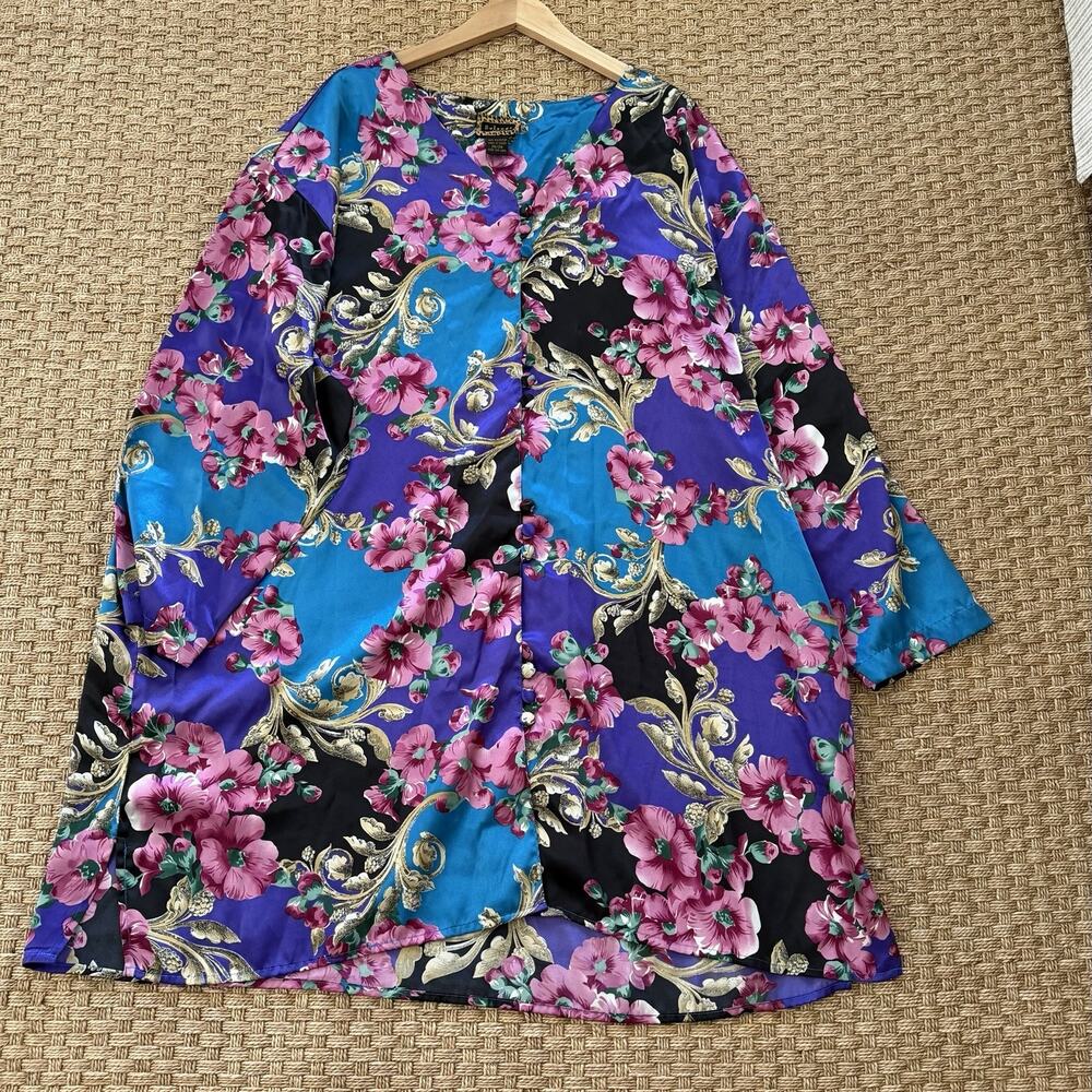 Vintage Solange Satin Nightgown House Dress Multi Color Floral Women's Sz 26/28 - Picture 9 of 11